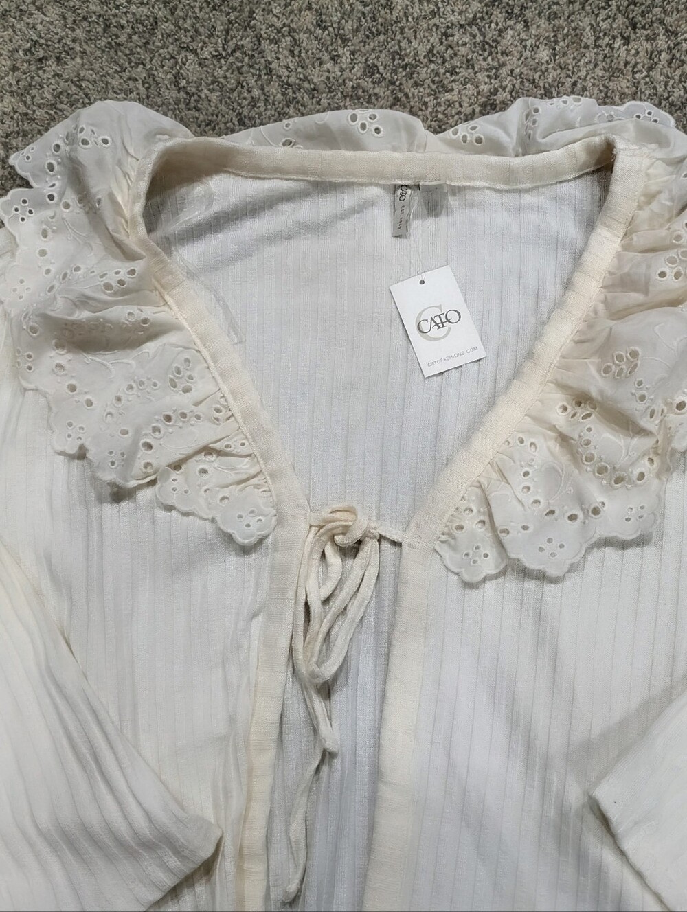 Womans New Ivory Lace Trim Open Front 3/4 Sleeve Cardigan Sweater Sz 26/28 CATO